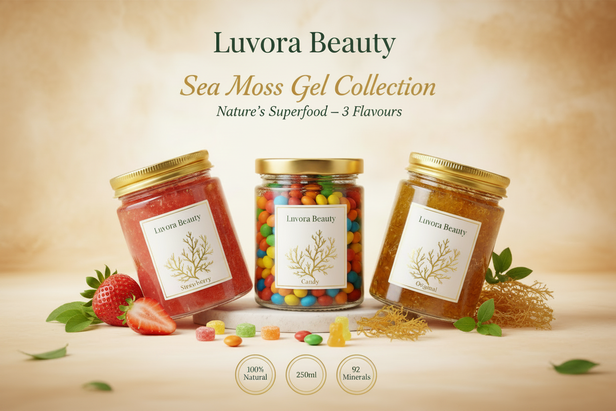 Luvora Beauty Sea Moss Gel - Flavour Labels on Jars