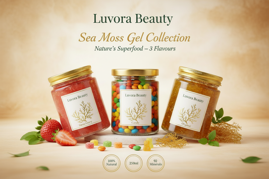 Luvora Beauty Sea Moss Gel - Flavour Labels on Jars